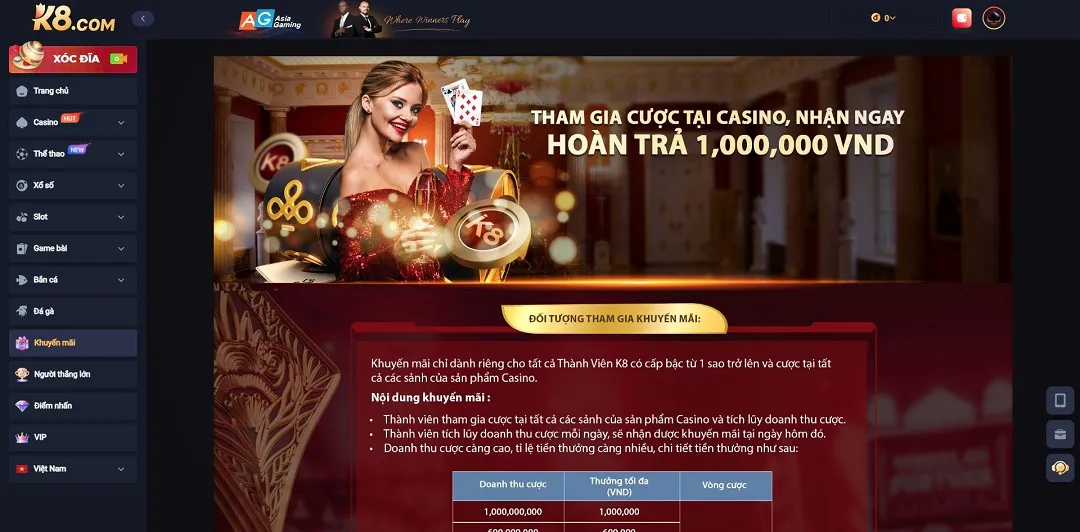 Khuyến mãi hoàn trả K8 cá cược casino có cơ hội nhận 1.000.000 VND